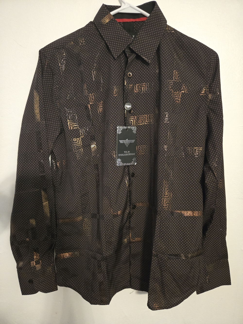 Men's Golden Patterned Button-Up Shirt-size S